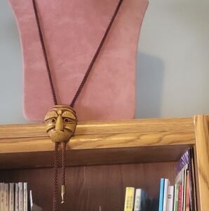 Wooden Mask Pull Tie Necklace